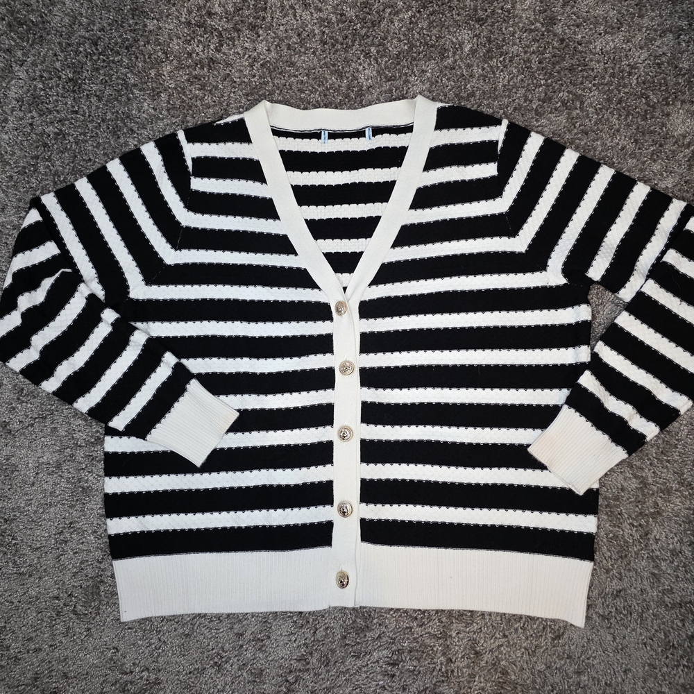 Striped Black and White Women's Sweater XL Cardigan